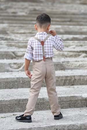 Ekose Desen Gabardin Pantolon Askılı Çocuk Takım MNK0436