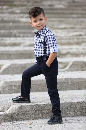 Ekose Desen Gabardin Pantolon Askılı Çocuk Takım MNK0436
