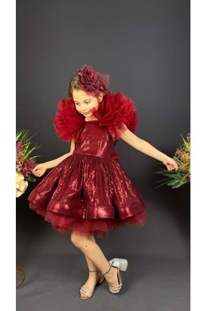 Tavus Kol Payetli Kumaş Kız Çocuk Elbise MNK0537