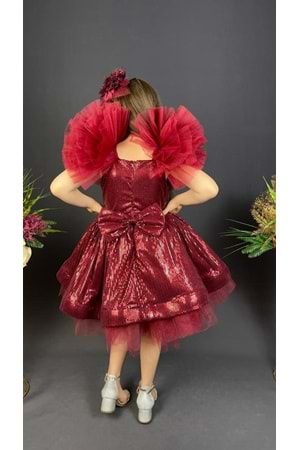 Tavus Kol Payetli Kumaş Kız Çocuk Elbise MNK0537