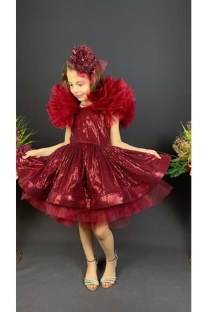 Tavus Kol Payetli Kumaş Kız Çocuk Elbise MNK0537