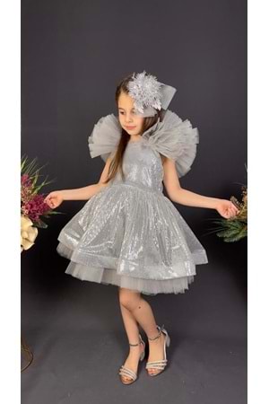 Tavus Kol Payetli Kumaş Kız Çocuk Elbise MNK0537