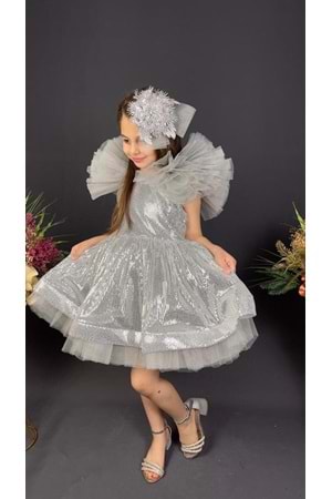 Tavus Kol Payetli Kumaş Kız Çocuk Elbise MNK0537