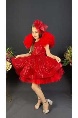 Tavus Kol Payetli Kumaş Kız Çocuk Elbise MNK0537