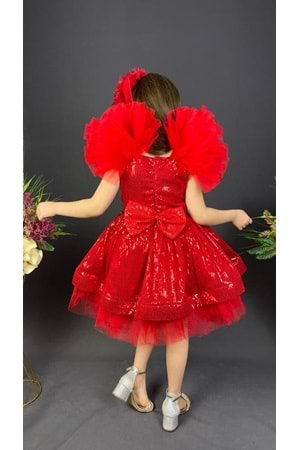 Tavus Kol Payetli Kumaş Kız Çocuk Elbise MNK0537