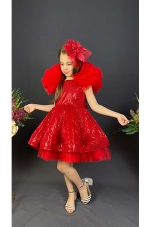 Tavus Kol Payetli Kumaş Kız Çocuk Elbise MNK0537