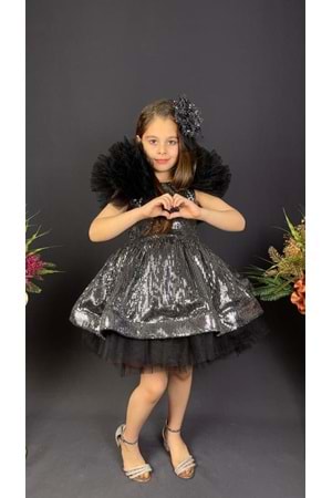 Tavus Kol Payetli Kumaş Kız Çocuk Elbise MNK0537