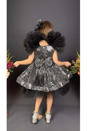 Tavus Kol Payetli Kumaş Kız Çocuk Elbise MNK0537