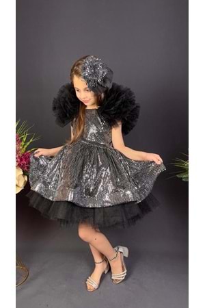 Tavus Kol Payetli Kumaş Kız Çocuk Elbise MNK0537