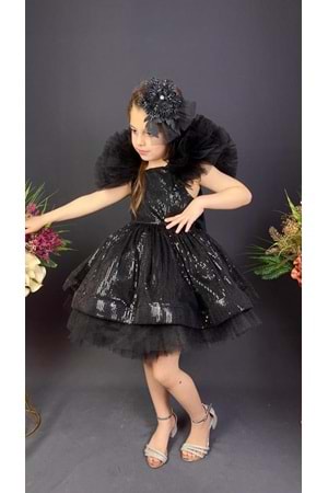 Tavus Kol Payetli Kumaş Kız Çocuk Elbise MNK0537