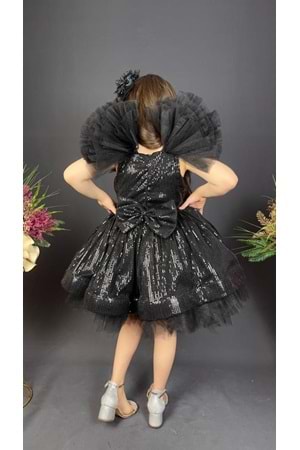 Tavus Kol Payetli Kumaş Kız Çocuk Elbise MNK0537