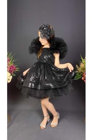 Tavus Kol Payetli Kumaş Kız Çocuk Elbise MNK0537