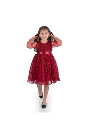 Prenses İri Puanlı Tokalı Dantel Kumaş Kız Çocuk Elbise MNK0547