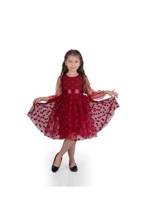 Prenses İri Puanlı Tokalı Dantel Kumaş Kız Çocuk Elbise MNK0547