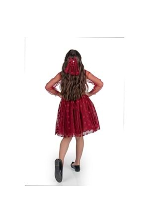 Prenses İri Puanlı Tokalı Dantel Kumaş Kız Çocuk Elbise MNK0547