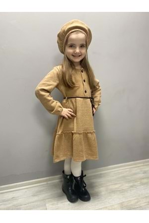 Kaşe Kumaş Şapkalı Kız Çocuk Elbise MNK0559