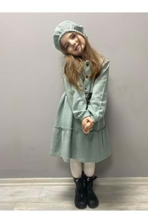 Kaşe Kumaş Şapkalı Kız Çocuk Elbise MNK0559