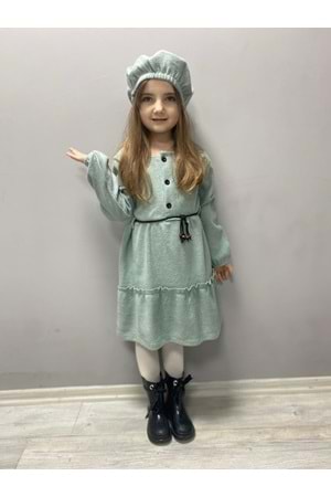 Kaşe Kumaş Şapkalı Kız Çocuk Elbise MNK0559