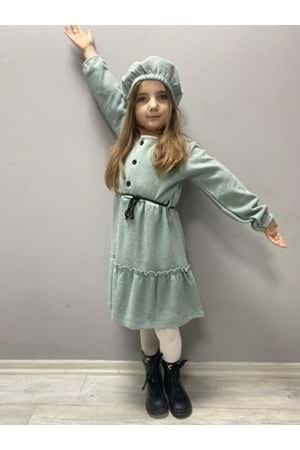 Kaşe Kumaş Şapkalı Kız Çocuk Elbise MNK0559