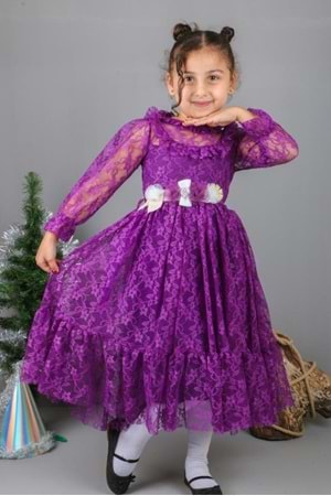 Çiçek Motif Dantelli Çocuk Tesettür Elbise MNK0580