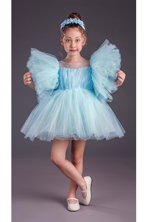 Tütü Etekli Kabarık Kollu Komotini Taçlı Kız Çocuk Abiye Elbise MNK0582