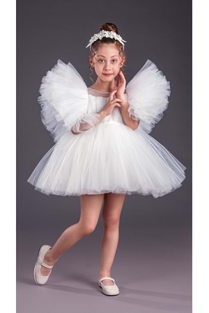 Tütü Etekli Kabarık Kollu Komotini Taçlı Kız Çocuk Abiye Elbise MNK0582