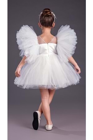 Tütü Etekli Kabarık Kollu Komotini Taçlı Kız Çocuk Abiye Elbise MNK0582