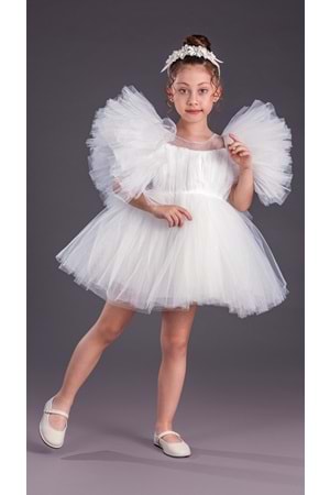 Tütü Etekli Kabarık Kollu Komotini Taçlı Kız Çocuk Abiye Elbise MNK0582