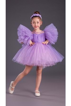 Tütü Etekli Kabarık Kollu Komotini Taçlı Kız Çocuk Abiye Elbise MNK0582