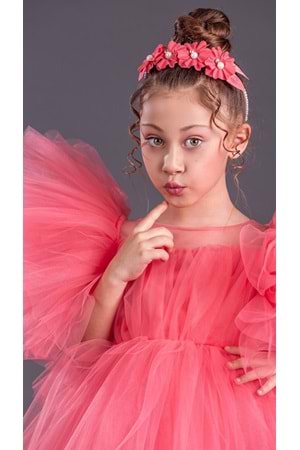 Tütü Etekli Kabarık Kollu Komotini Taçlı Kız Çocuk Abiye Elbise MNK0582