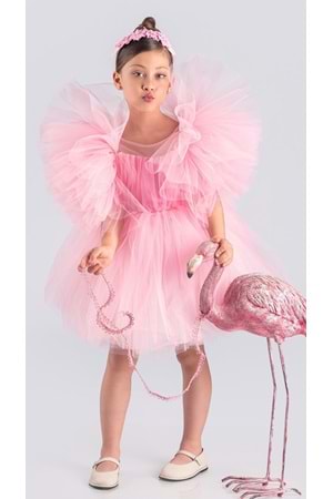 Tütü Etekli Kabarık Kollu Komotini Taçlı Kız Çocuk Abiye Elbise MNK0582