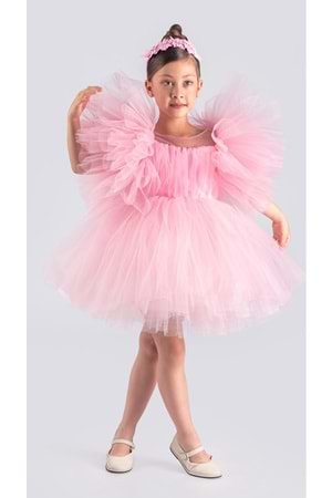 Tütü Etekli Kabarık Kollu Komotini Taçlı Kız Çocuk Abiye Elbise MNK0582