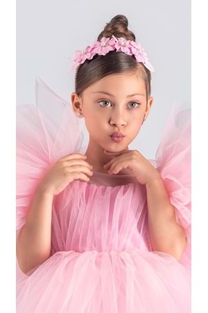 Tütü Etekli Kabarık Kollu Komotini Taçlı Kız Çocuk Abiye Elbise MNK0582