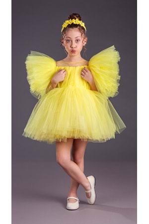 Tütü Etekli Kabarık Kollu Komotini Taçlı Kız Çocuk Abiye Elbise MNK0582