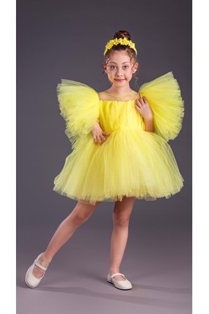 Tütü Etekli Kabarık Kollu Komotini Taçlı Kız Çocuk Abiye Elbise MNK0582