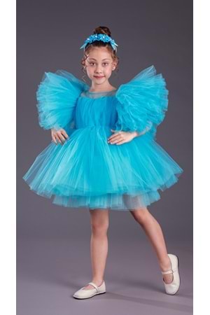 Tütü Etekli Kabarık Kollu Komotini Taçlı Kız Çocuk Abiye Elbise MNK0582