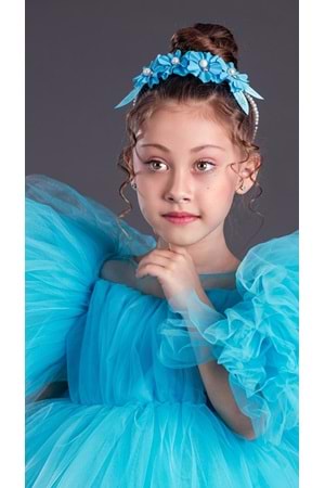 Tütü Etekli Kabarık Kollu Komotini Taçlı Kız Çocuk Abiye Elbise MNK0582