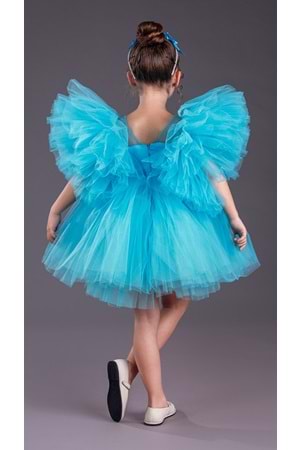 Tütü Etekli Kabarık Kollu Komotini Taçlı Kız Çocuk Abiye Elbise MNK0582