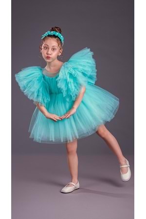 Tütü Etekli Kabarık Kollu Komotini Taçlı Kız Çocuk Abiye Elbise MNK0582