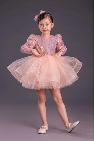 Tütü Gren Etekli Kız Çocuk Pul Payetli Uzun Kol Kikidi Elbise MNK0583