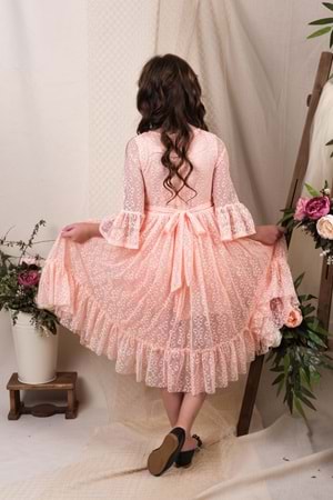 Uzun Kol Dantel Makri Kız Çocuk Elbise MNK0600