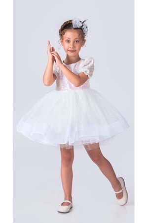 Tütü Gren Etekli Kız Çocuk Pul Payetli Kısa Kol Kikidi Elbise MNK0601