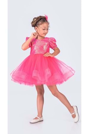 Tütü Gren Etekli Kız Çocuk Pul Payetli Kısa Kol Kikidi Elbise MNK0601