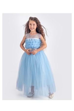 Sapes Model Sırt Gipeli Tüllü Kız Çocuk Askılı Saten Abiye MNK0618