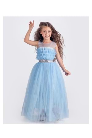 Sapes Model Sırt Gipeli Tüllü Kız Çocuk Askılı Saten Abiye MNK0618