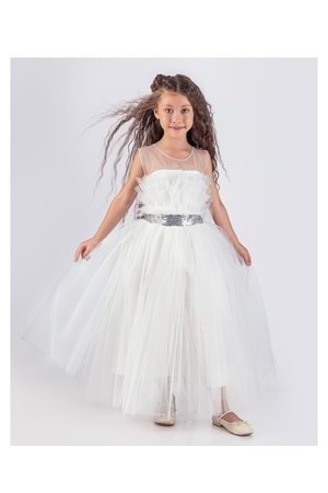 Sapes Model Sırt Gipeli Tüllü Kız Çocuk Askılı Saten Abiye MNK0618