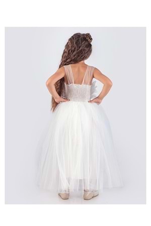 Sapes Model Sırt Gipeli Tüllü Kız Çocuk Askılı Saten Abiye MNK0618