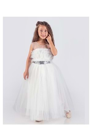 Sapes Model Sırt Gipeli Tüllü Kız Çocuk Askılı Saten Abiye MNK0618