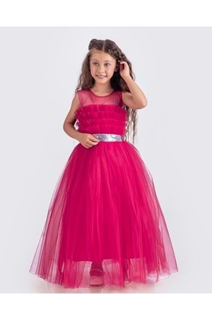 Sapes Model Sırt Gipeli Tüllü Kız Çocuk Askılı Saten Abiye MNK0618