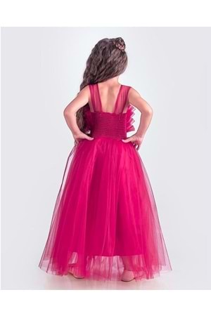 Sapes Model Sırt Gipeli Tüllü Kız Çocuk Askılı Saten Abiye MNK0618